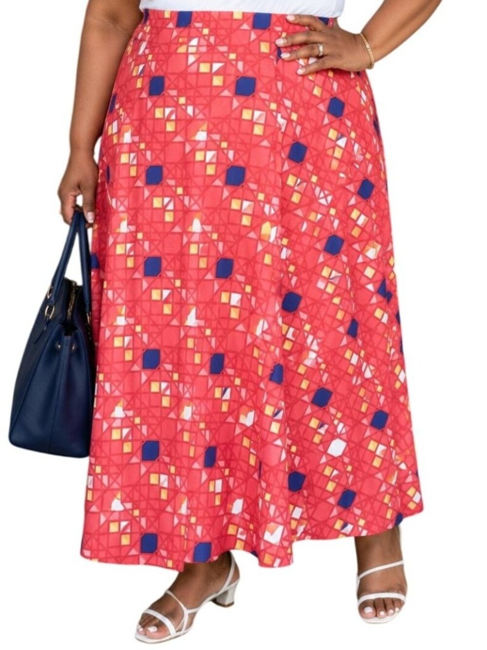 LuLaRoe Size 3XL Maxi Skirt Red Yellow Blue Geometric Stretch Soft Comfort